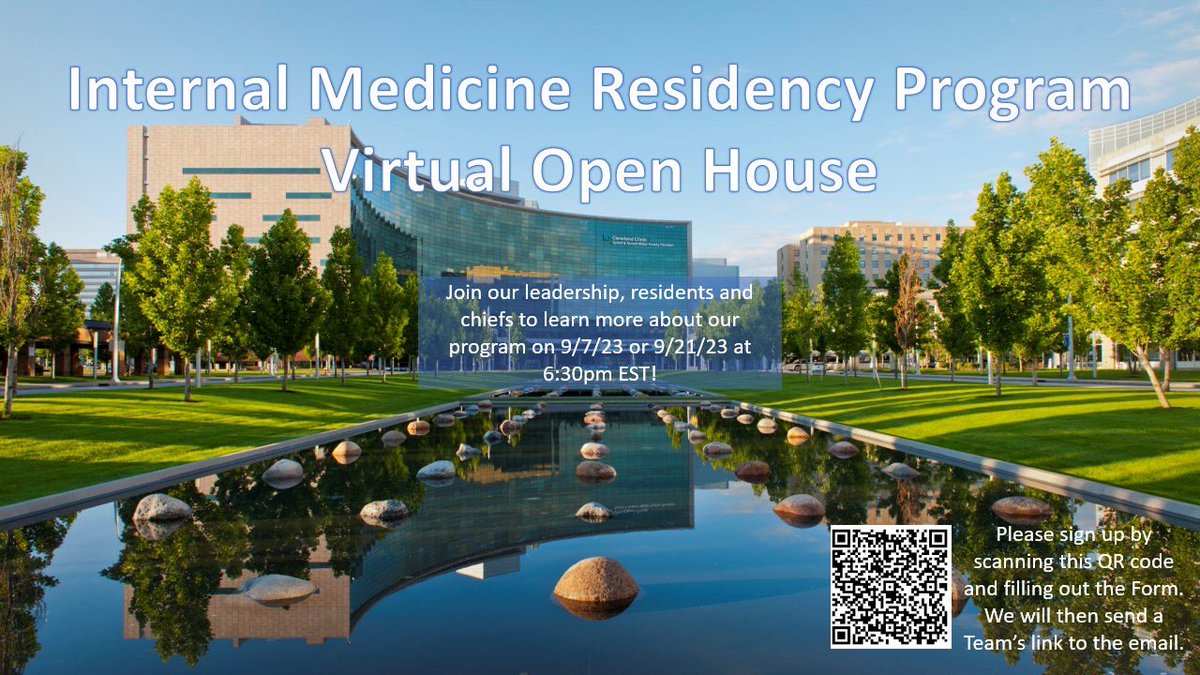 Cleveland Clinic IM (@ccf_imchiefs) on Twitter photo Join us for our virtual Open House next month to get a preview of our program and see what we’re all about! Use the QR code to sign up. #Match2024 #InternalMedicine #MedEd Join us for our virtual Open House next month to get a preview of our program and see what we’re all about! Use the QR code to sign up. #Match2024 #InternalMedicine #MedEd