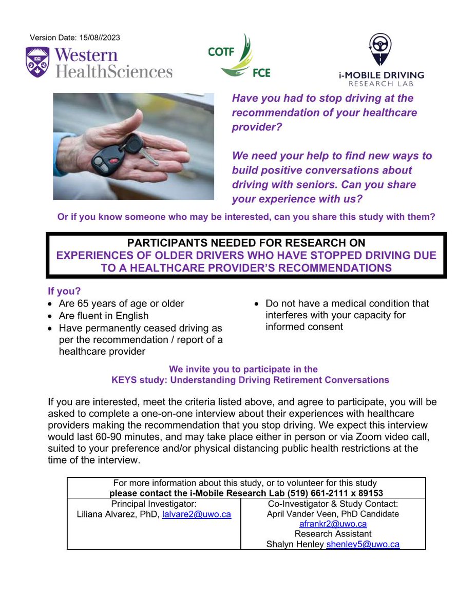 Participants needed for #research on experiences of #olderdrivers who have stopped driving due to a healthcare provider's recommendations!