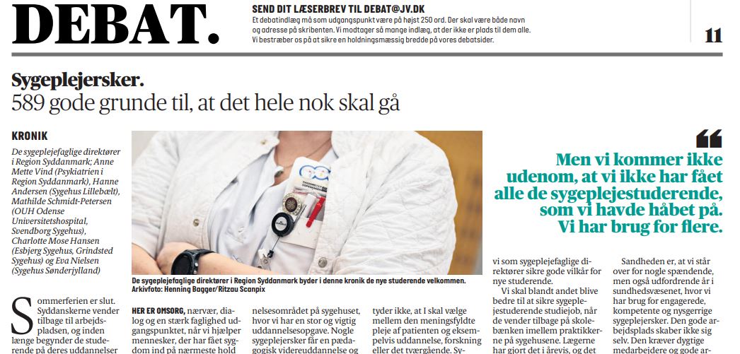 rsyddanmark's tweet photo. De sygeplejefaglige direktører er i dag i Fyens Stiftstidende samt JydskeVestkysten for at sætte fokus på mulighederne som sygeplejerske.

589 studerende starter nu op med mod på faget. Vi skal sikre studiejob og en bedre opstart.

https://t.co/RJozs7nkxL

#sundpol https://t.co/hEhXG1TZAm