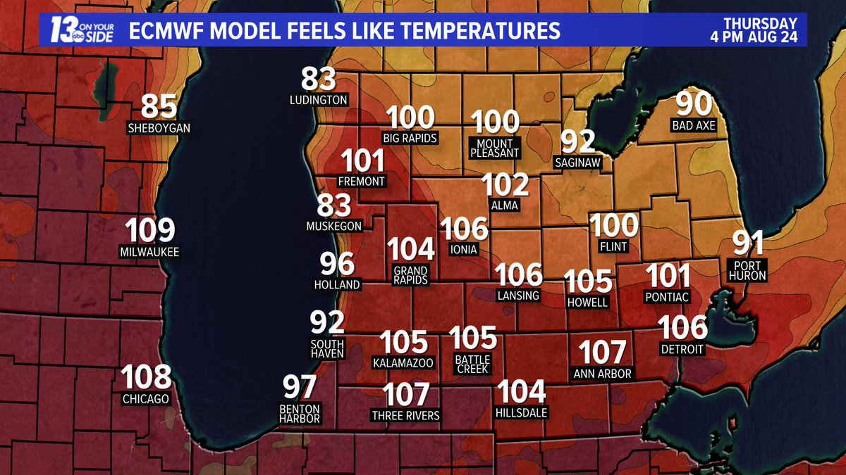 WXSamantha's tweet image. It's going to get HOT! 🥵

WHAT: Heat index values up to 100° to 105°

WHEN: Wednesday and Thursday 

IMPACTS: High temperatures and humidity could cause heat illnesses to occur. @wzzm13 #WMIWX