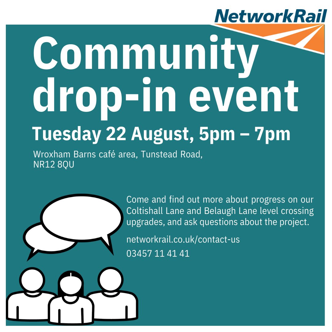 If you're local and interested in progress on the Coltishall Lane and Belaugh Lane level crossing upgrades, Network Rail will be here between 5pm and 7pm. Pop along if you'd like to know more.