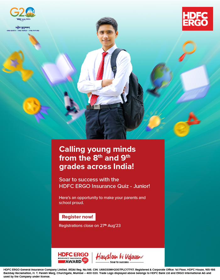HDFCERGOGIC's tweet photo. Here’s a golden opportunity for 8th & 9th grade students across India!
Show off your insurance savviness at the #HDFCERGO #InsuranceQuiz - Junior and pave the way for your future🏆📚. Exciting prizes to be won.
Register now: https://t.co/NYg21c99n5
#HauslonKiUdaan #SoarToSuccess https://t.co/rtVekiKSrp