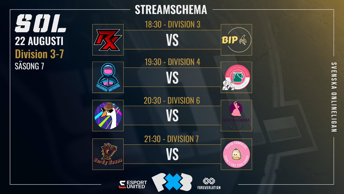 RIVALSLEAGUELOL's tweet photo. 🌞 Streamschema 22 Augusti 🌞

🕕 18:30 Div 3
@OfficialTeamRx [Red] 🆚 @_BIPEsports_

🕖 19:30 Div 4
@YSMEsports 🆚 #BoysenBoysenBoysen

🕗 20:30 Div 6
@Topgunsesport  🆚 #GodisaGamer

🕘 21:30 Div 7
@DerdyHouse 🆚 #TepidTamales

Live @ Twitch 18:15 👇
📺 https://t.co/zpBD6tZa2O https://t.co/bhn2ycl42i