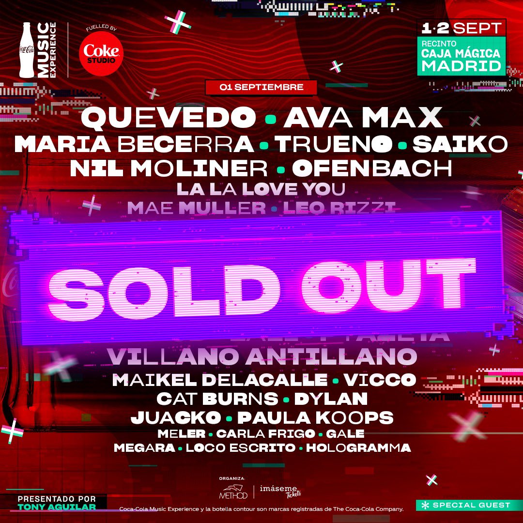 TonyAguilarOfi's tweet photo. 💥¡SOLD OUT ABSOLUTO!💥

⚠Quedan agotados abonos y entradas por día para #CCME ’23.

❤GRACIAS INFINITAS, ¡sin vosotros nada sería posible!

🔥¿Preparad@ para dos días de temazos y sorpresas? ¡Queda muy poco!

👉Os esperamos el 1 y 2 de septiembre en la Caja Mágica de Madrid. https://t.co/tzahD78Mfe