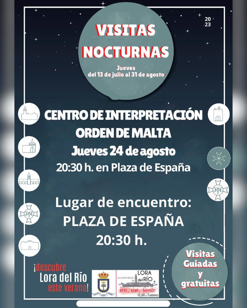 🌙 Descubre la historia de la 𝐎𝐫𝐝𝐞𝐧 𝐝𝐞 𝐌𝐚𝐥𝐭𝐚 bajo la luz de la luna. Únete a nuestra visita nocturna al Centro de Interpretación en Lora del Río. ¡Es gratis y guiada! Te esperamos el jueves a las 20:30h en la Plaza de España.
