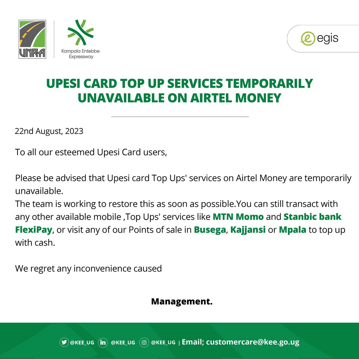 KEE_UG's tweet photo. The Airtel money Upesi top ups' service is currently unavailable. Our road users are advised to use other alternative top ups' services like MTN momo, Stanbic Flexi pay or visit any of our three points of sale at our three Toll stations
@Airtel_Ug @airtelmoneyug #upesicard https://t.co/Uz0IGrNJsH