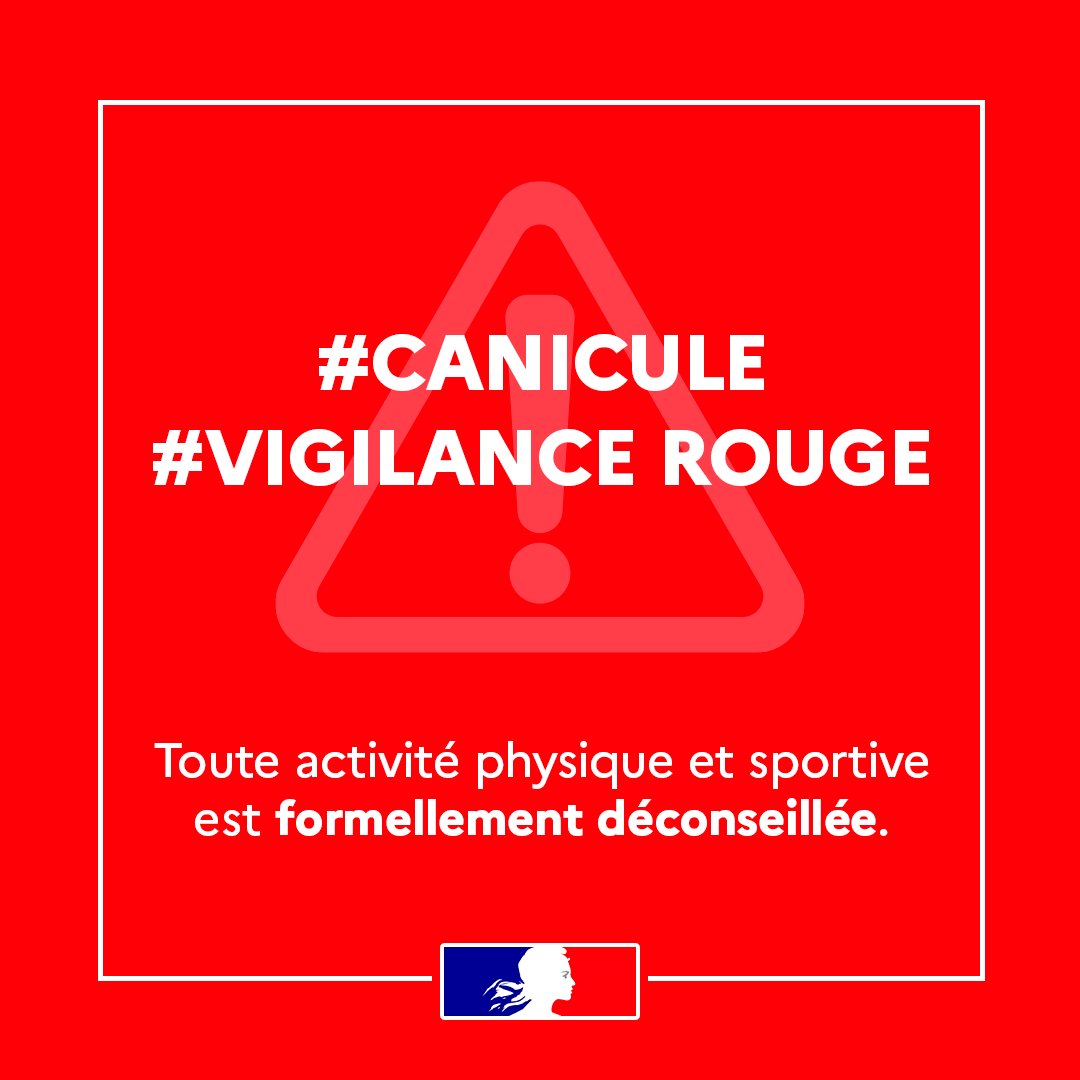 Sports_gouv's tweet photo. #canicule #vigilancerouge 

🌡️☀️⚠️ Toute activité physique et sportive est formellement déconseillée. https://t.co/dGIOEI1s34