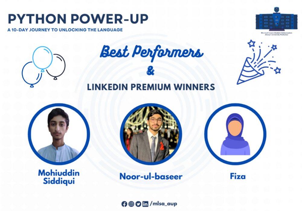 mlsa_aup's tweet photo. Hello Everyone,

We are delighted to spotlight the exceptional individuals who truly stood out during our recent 10-Day Python Workshop – our Best Performers! 🚀🌟

Congratulations to Mohiuddin Siddiqui, Noor-ul-baseer, and Fiza for their remarkable achievements. 

#Python #mlsa https://t.co/jARp92udvK