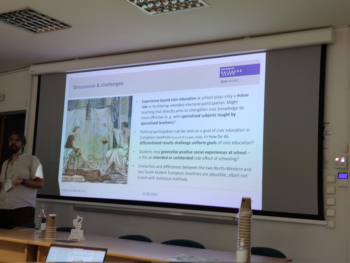 UnserAlex1's tweet photo. @daenemarque presents Data from the #ICCS2016 in the relationship between political knowledge, trust and intended voting. He argues for a specific subject civic education to foster critical citizenship.
#EARLI2023 https://t.co/pZyYUnffhT
