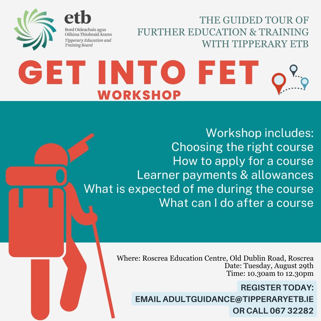 fet_nenagh's tweet photo. Upcoming event in Roscrea next Tuesday 29th August 10.30am to 12.30pm. Find out how to access local FET Further Education & Training Courses & more! #fetchcourses #Tipperaryetb.
To Register call 067 32282 or email adultguidance@tipperaryetb.ie https://t.co/1kdUVF0hT0