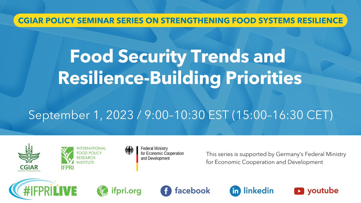 How can we strengthen food systems resilience & prevent future shocks in food systems?  

Join us on 1 Sept to learn more about the findings from this #IFPRIPolicySeminar &  #CGIARSeminarSeries event🔎bit.ly/FS-trends
@IFPRI @CGIAR @BMZ_Bund
@Jo_Swinnen @simeonehui @kkosec