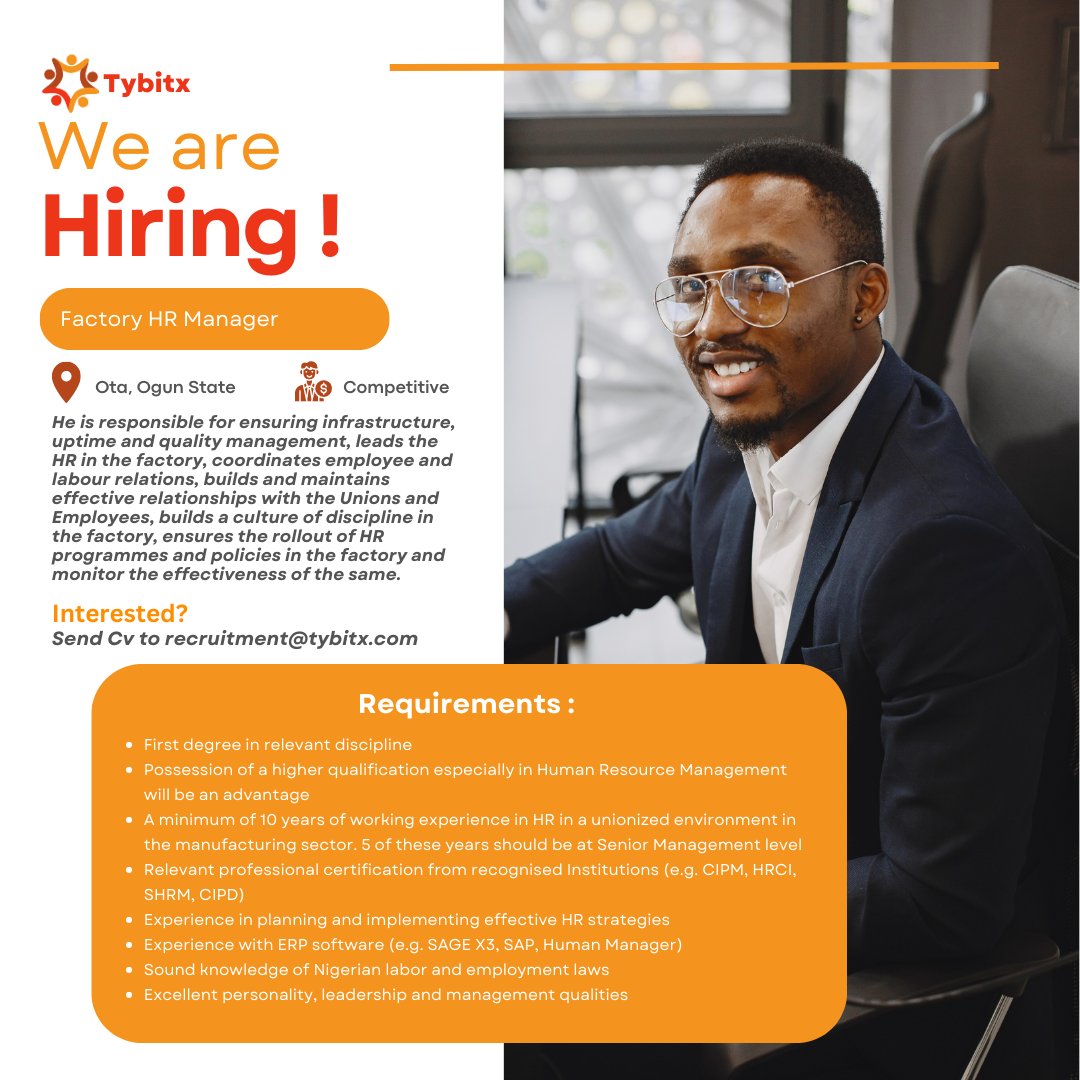 Hiring! Factory HR Manager needed!
Send cv to recruitment@tybitx.com to apply.
...
#work #hiring #recruiting #recruitingnow #lagos #jobs #recruitment #jobseekers #jobseeking #factory #hrmanager #hr #nigeria #outsourcing #careergoals #career #careerdevelpment #hrservices #jobboard