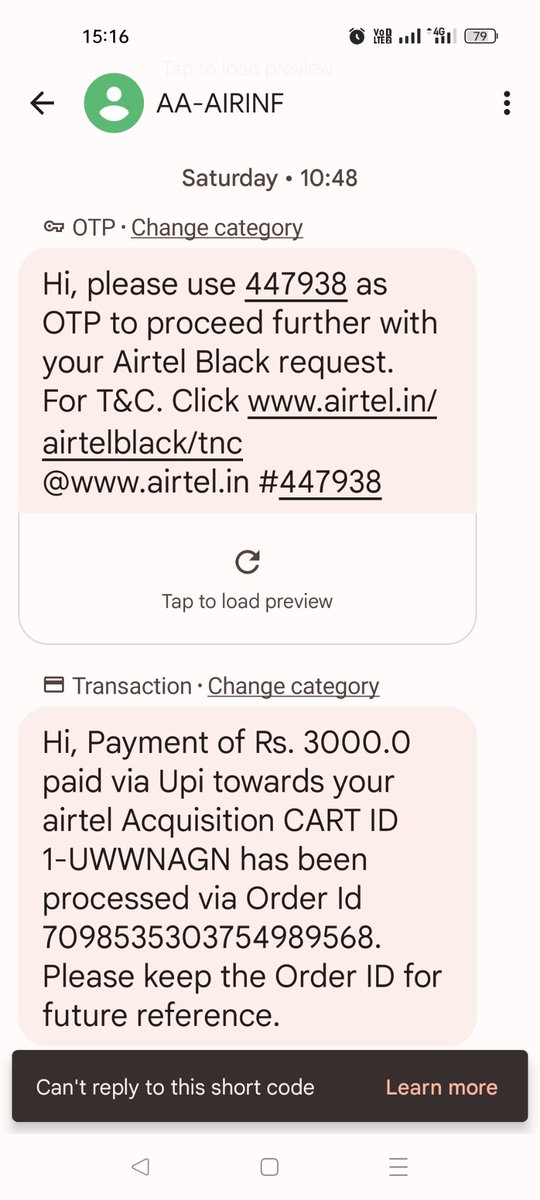 Vishal_always's tweet photo. @airtelindia 
@Airtel_Presence 
@airtelnews 
@JioCare 

Worst service of airtel xtreme
took airtel black connection on 19.08.23 vide order Id 7098535303754989568 and its been 4 days since my payment but not yet installed.called customer care multiple times but no proper response https://t.co/cQ7GeDxuZC