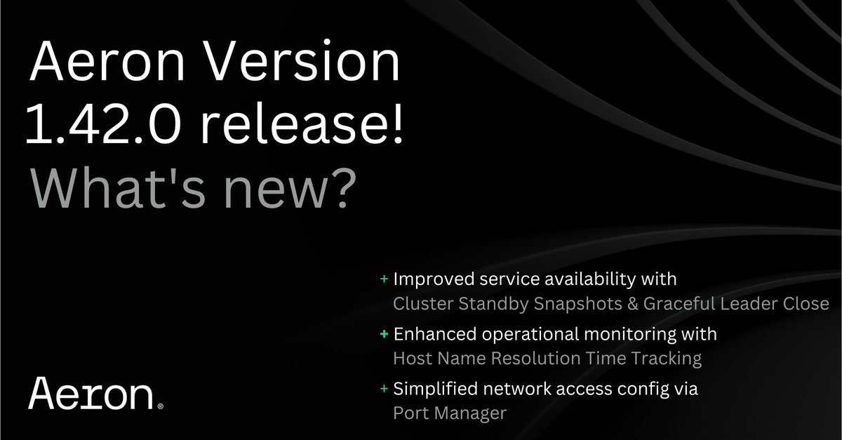 WeAreAdaptive's tweet image. #Aeron 1.42.0 released! What&apos;s new? Improved service availability with Cluster Standby Snapshots &amp;amp; Graceful Leader Close, simplified network access config via Port Manager &amp;amp; more. Details on Github &amp;amp; our website: eu1.hubs.ly/H053cxY0
#softwarerelease #newfeatures #tradingtech