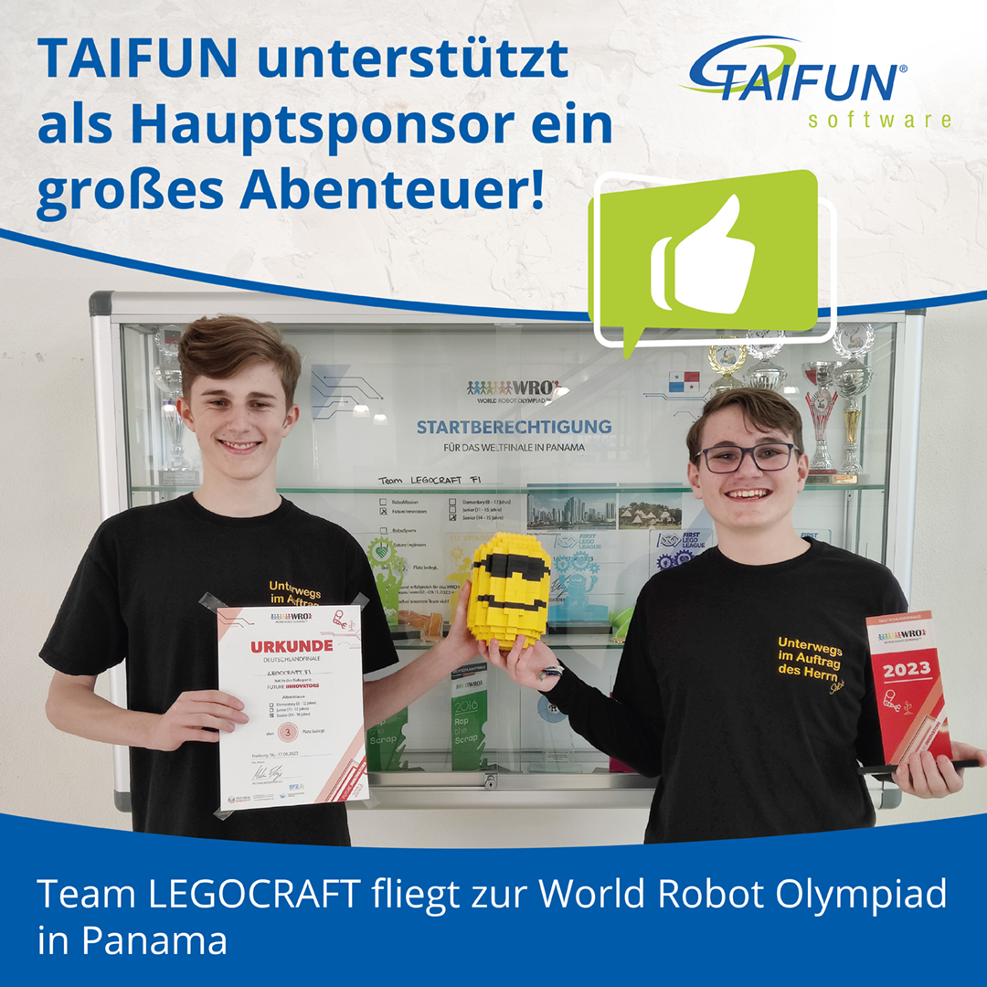 TAIFUN_Software's tweet photo. TAIFUN Software ist stolz, als Hauptsponsor ein aufregendes Abenteuer zu begleiten.
Im Januar 2023 setzten die Ruhe-Brüder, aka Team LEGOCRAFT, einen inspirierenden Startschuss für ihr großes Ziel: die Teilnahme an der @WROOfficial in Panama🛫!
🦾 https://t.co/Ra1DXNU0jv https://t.co/gXtvfJMeWk