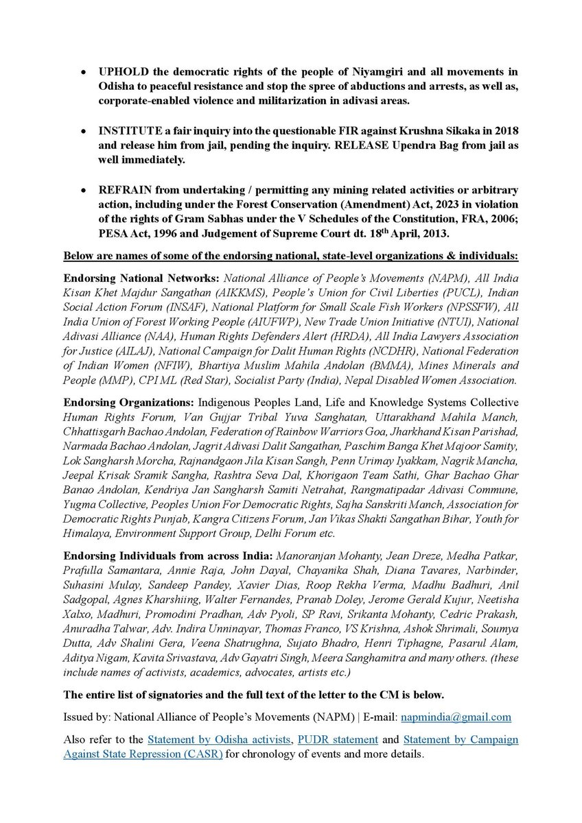 napmindia's tweet image. #PRESSRELEASE: People's organizations &amp;amp; activists from across India write to @CMO_Odisha, seeking immediate #quashing of #UAPA FIR against #adivasis &amp;amp; associates of #Niyamgiri Surakhya Samiti. Call for #release of all those abducted, #arrested &amp;amp; end to repression, corporate loot.