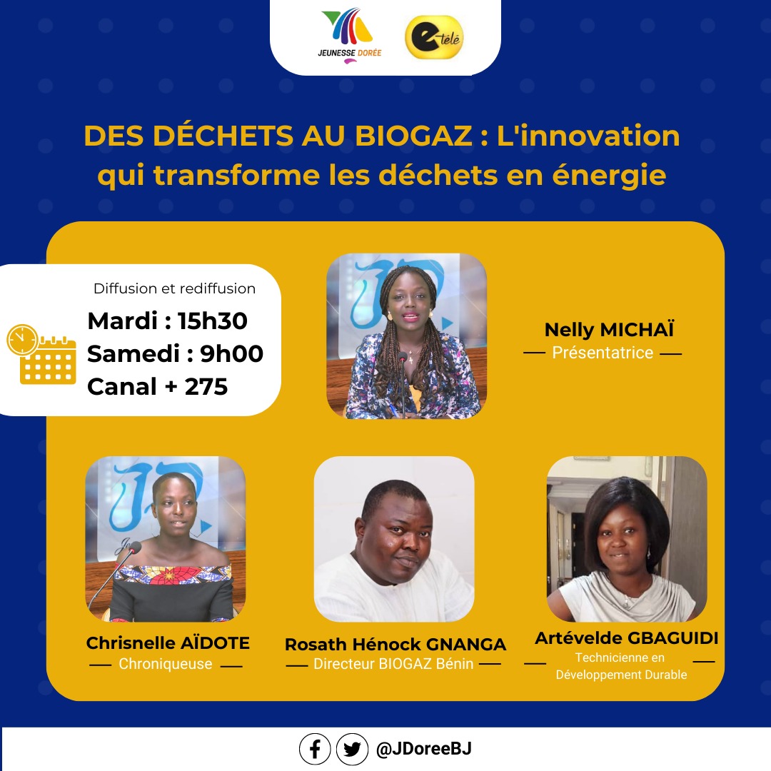 JDoreeBj's tweet photo. #Innovar vous parle de cette innovation à  partir de 15h30mn sur le plateau de #JDoreeBJ. Suivez l'entretien de Rosath Hénock Gnanga , Directeur de Biogaz Bénin et Atévelde Gbaguidi , Technicienne en développement durable avec @NellyMichai.
#JDoreeBJ #innovation #Biogaz #wasexo https://t.co/UVqgY5kPHR