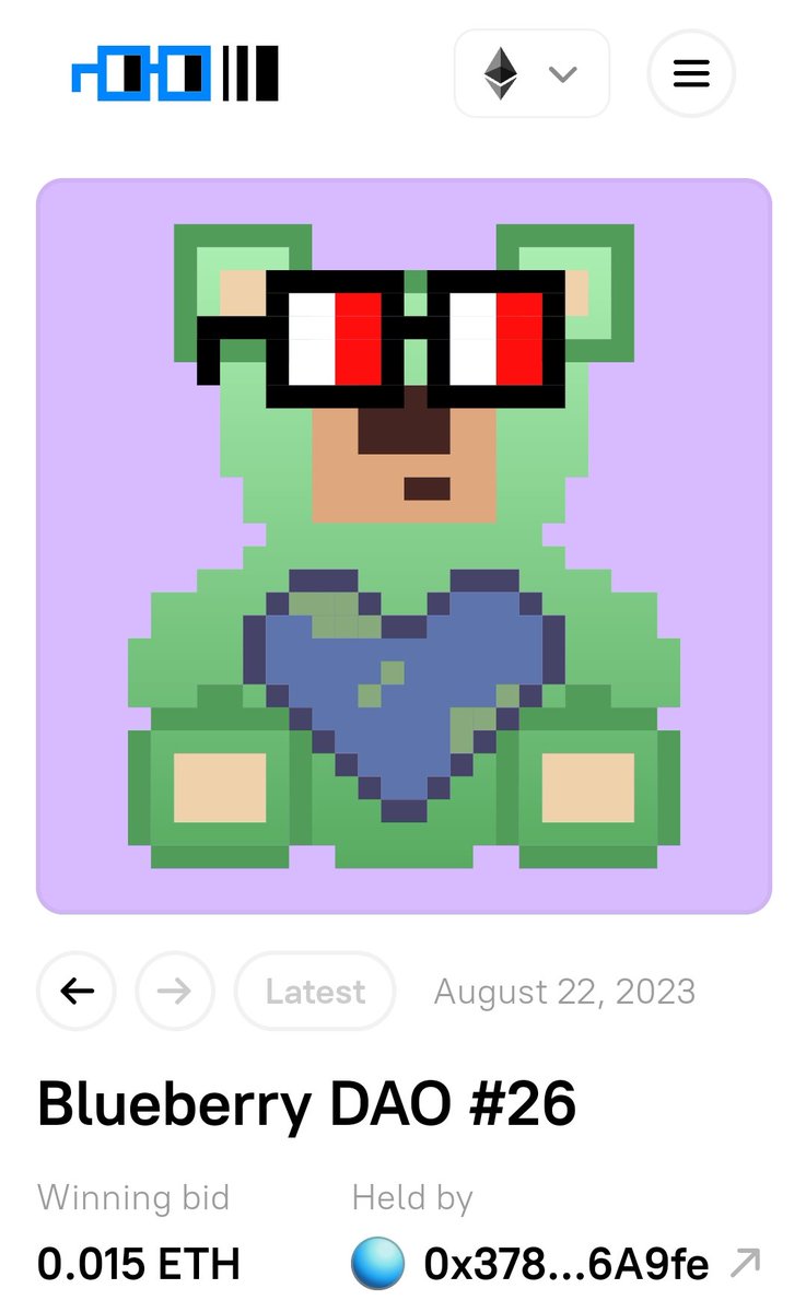 I got BlueberryDAO#26!!🧸💕
It's my BD gift🎁 by myself🥳

この日を狙って、Bearちゃんをお迎えしましたぁ🥹✨刻んだぁ！
Bearちゃんはわたしの子どもたちにも引き継いでいきます！🥰
地球がハートになっていてカワイイなぁ💕
#BlueberryDAO 
#こどもまんなか