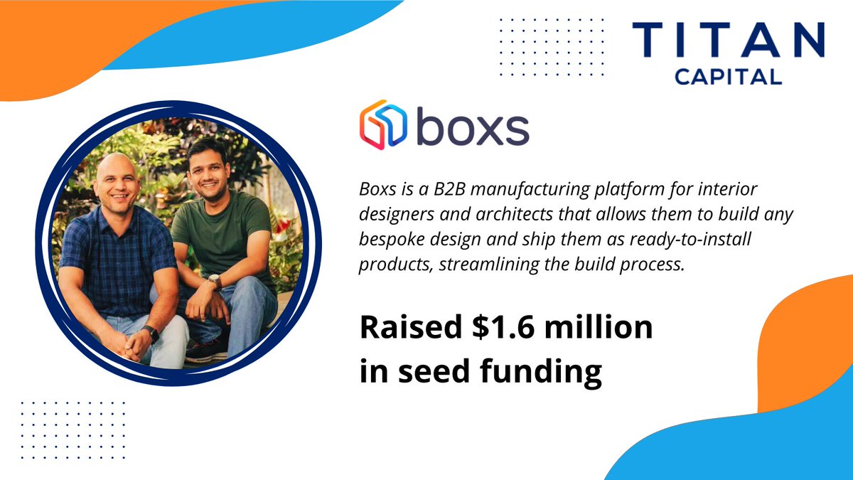 TitanCapitalVC's tweet photo. We are elated to announce our recent investment in #Boxs, a B2B manufacturing platform for interior designers and architects that allows them to build any bespoke design and ship them as ready-to-install products, streamlining the build process.
#Boxs has raised $1.6 million in a seed round by @TitanCapitalVC, @peakxvpartners's @_surgeahead and others.
Congratulations @SatheeshRamdass, @vikramvenkats and the entire Boxs team 🎉
These funds will be used to strengthen #Boxs product offering and expand its manufacturing capabilities.
The fast-growing interior design industry in India is anticipated to reach USD 38.2 billion by 2027, driven by thriving real estate, urbanisation and rising income levels. Despite such growth, many challenges still plague interior designers during the process of taking their design to the building stage.
With Boxs, interior designers can easily access to a vast library of modules where they can create bespoke designs. Boxs’ technology allows them for endless customisation of these modules. At every step, prices are calculated with an instant pricing engine so that #designers have full control over their costs.
The final products are manufactured through a fully-automated #supplychain and delivered, fully assembled, in a couple to three weeks time, which is a much shorter timeline compared to months at a construction site.
In highlighting #Boxs value proposition, Titan Capital's partner @bipin_28 stated "We are really proud to be partnering with Boxs early in their journey given their unique insights into the interior value chain and the team's capability to apply tech to bring efficiency into the design to build process”.
Read more in @entrackr - https://t.co/xqkWnNHS00
#TitanCapital #Investment #Funding #InteriorDesign #Manufacturing