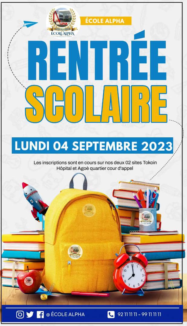 ecole_alphaTogo's tweet photo. Chers parents,
Chers élèves,

Nous sommes heureux de vous annoncer que la rentrée scolaire aura lieu le 04 septembre prochain. Nous avons hâte de vous retrouver et de commencer ensemble une nouvelle année d'apprentissage.

Les inscriptions sont toujours en cours sur nos sites. https://t.co/4Uh0qyQSdp