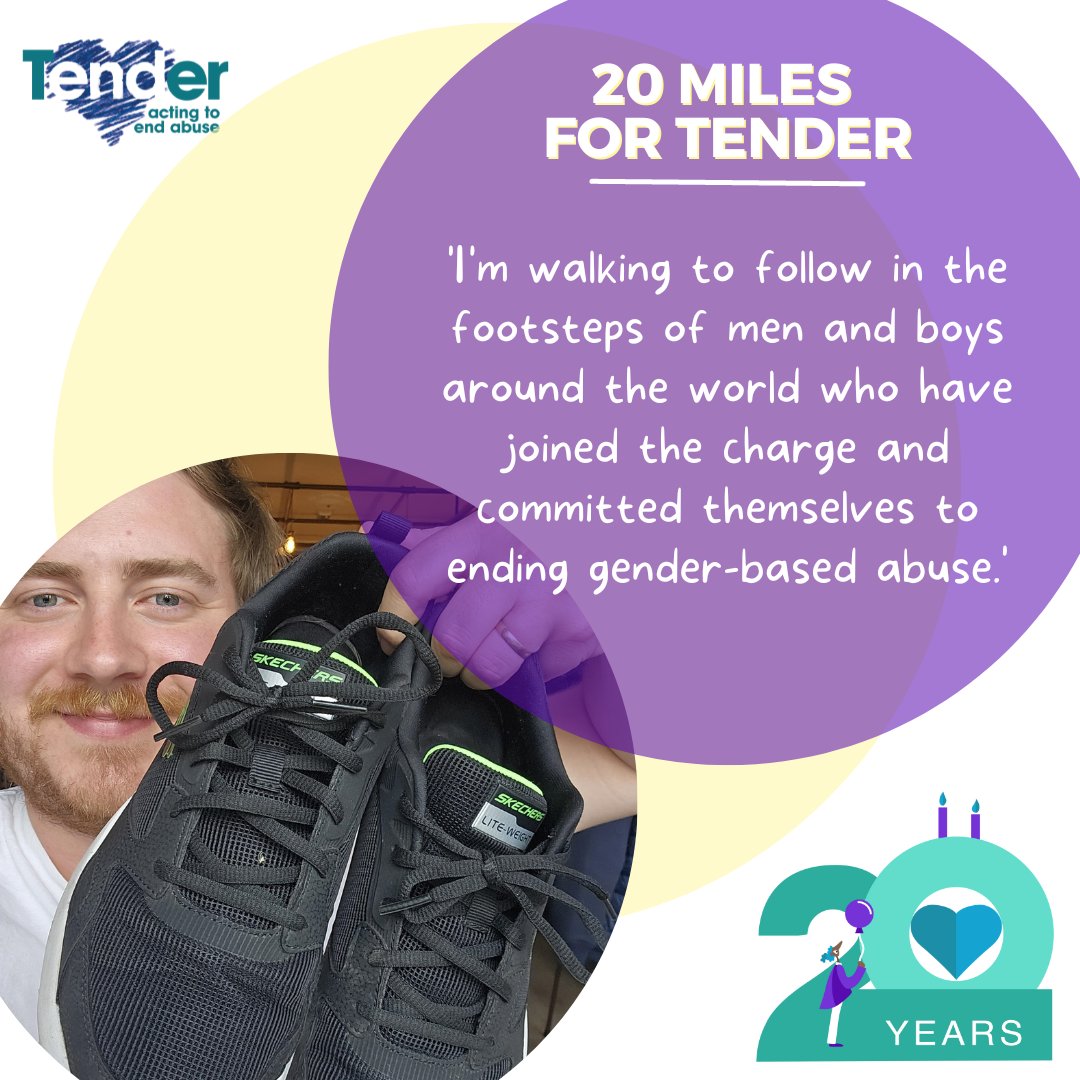 'I'm walking to follow in the footsteps of men and boys around the world who have joined the charge and committed themselves to ending gender-based abuse.'

Sponsor us now! justgiving.com/campaign/20Mil…

#Tender20 #20milesforTender #20milewalk #menandboys #menandboysagainstviolence