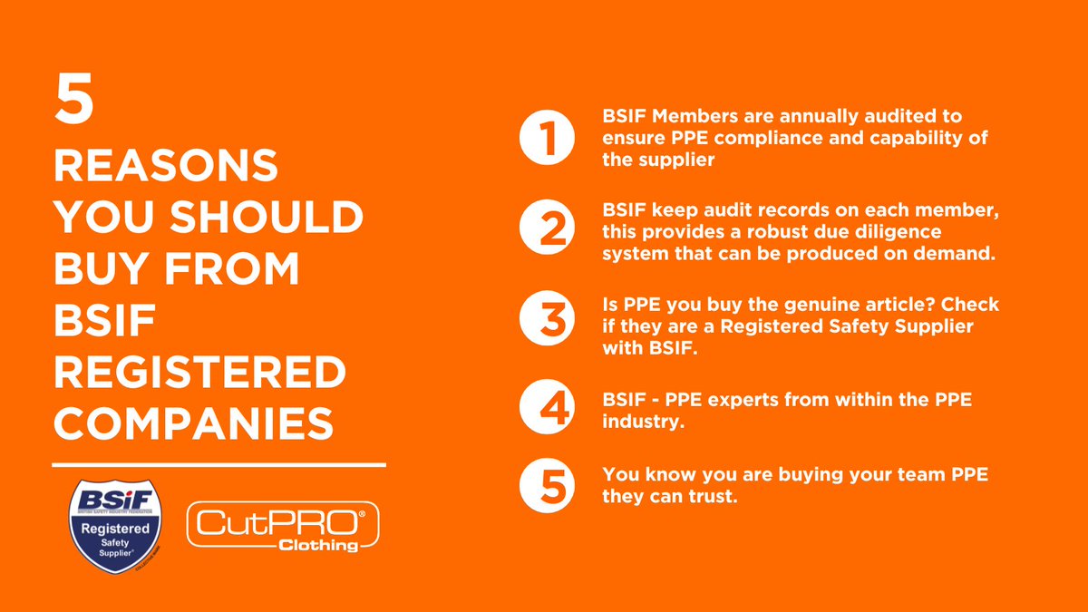 CutPROclothing's tweet image. 5 reasons why you should buy from BSIF registered companies 🦺

Equip your employees with the protection they deserve. 

Find out more about our products here: cut-pro.com 

#cutprotection #workwear #ppe