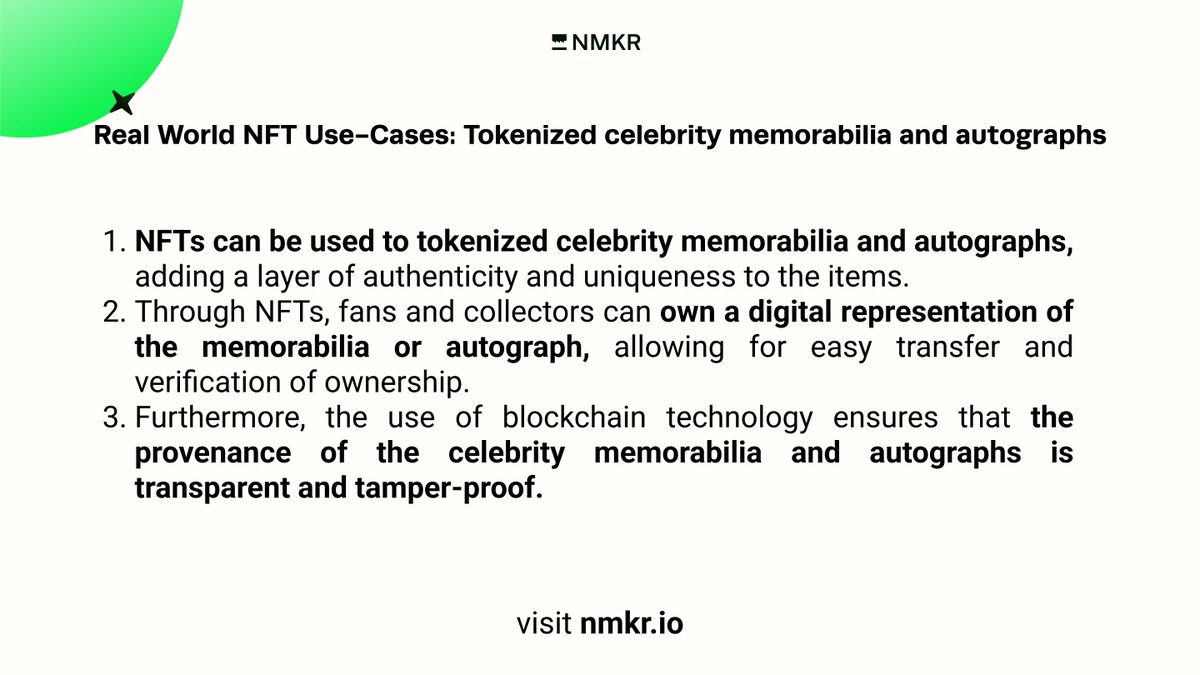 nmkr_io's tweet image. "At NMKR, we're excited about the potential of NFTs to revolutionize the world. Our mission is to empower everyone with tools to solve real problems and create tangible use-cases. Think tokenized celebrity memorabilia and autographs! #NFTs #RealWorldUseCases"
