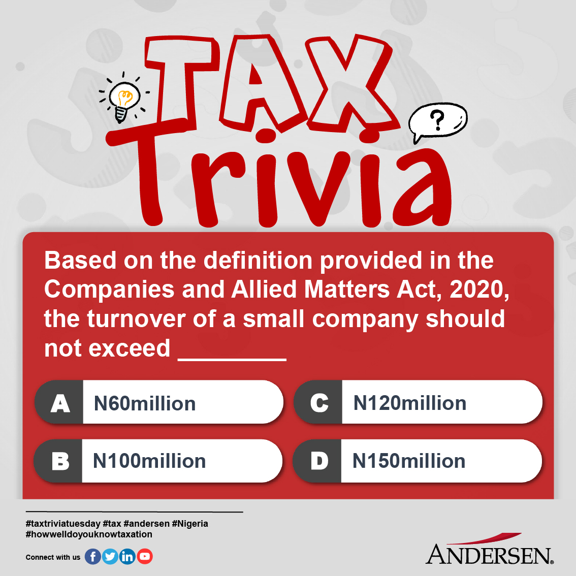 AndersenNigeria's tweet photo. #Triviaquestion #Weeklytrivia #CAMA2020 #Nigeria #Companies https://t.co/4anZGn6hJt