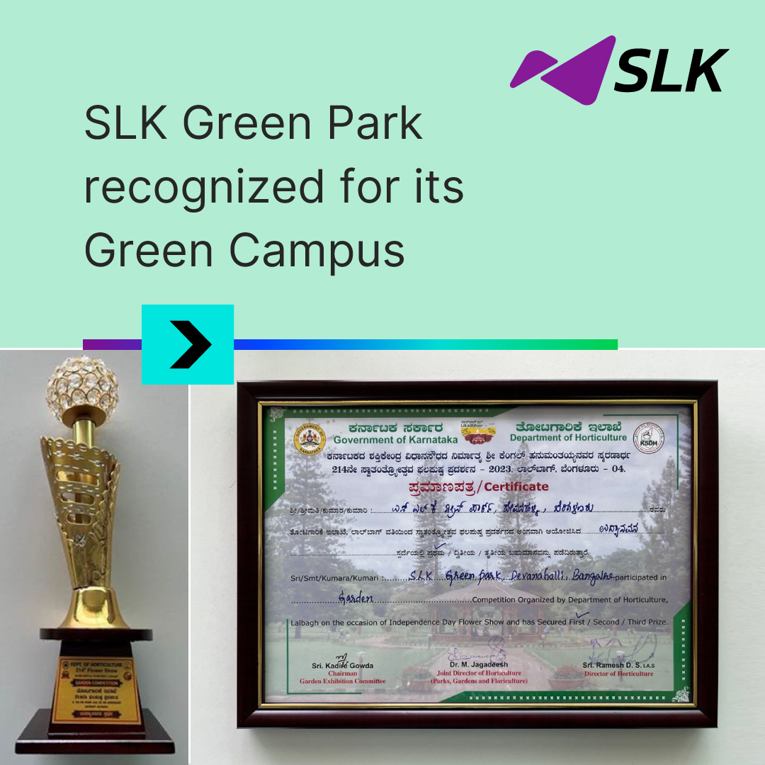 SlkSoftware's tweet photo. #SLK GP Campus has secured First Place in the Commercial Building Category for Best Garden. Presented by the Government of Karnataka, this recognition spotlights our commitment to a greener tomorrow.
#SLKGPGreenCampus #NatureNurture #AwardWinningBeauty #lifeatslk https://t.co/YlbZF8Vqgc