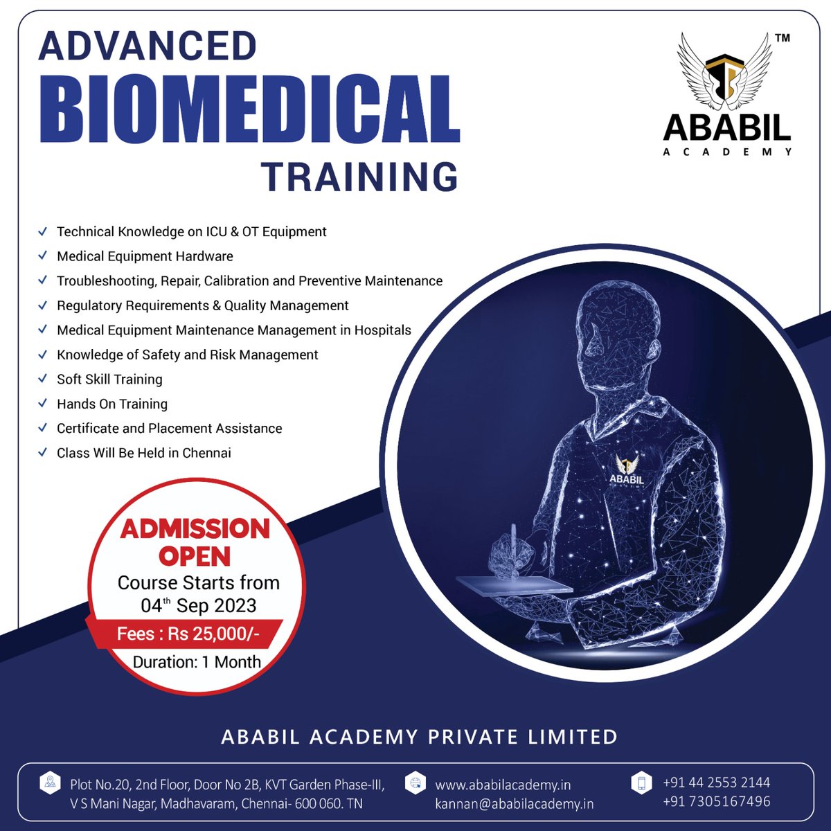 ababil_academy's tweet photo. 🧬 Unlocking the Future of Biomedical Engineering: Advanced Training Opportunities! 🔬
🌐 Training Details:
📅 Date: 04/09/2023
📍 Location: Chennai
📝 Registration: https://t.co/Q9s3BDB5Pk
#BiomedicalTraining  #chennai #bangalore #hyderabad #student #biomedical https://t.co/hdRHBO5CcI
