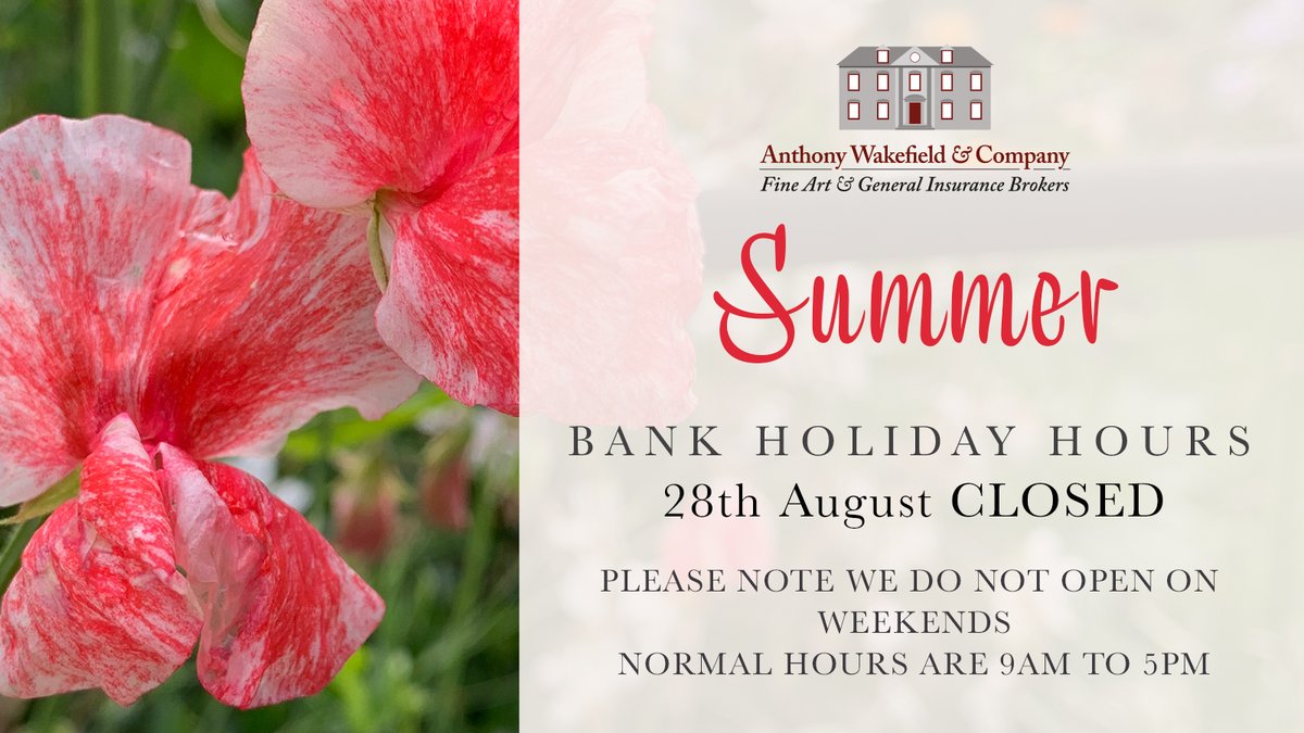 Anthony Wakefield & Company will be closed on 28th August 2023 for the Summer Bank Holiday. Normal working hours will resume on Tuesday. 
#August #bankholiday #insurancebroker #antiquesinsurance #homeinsurance #artinsurance #art #listedhomes #periodliving #augustbankholiday