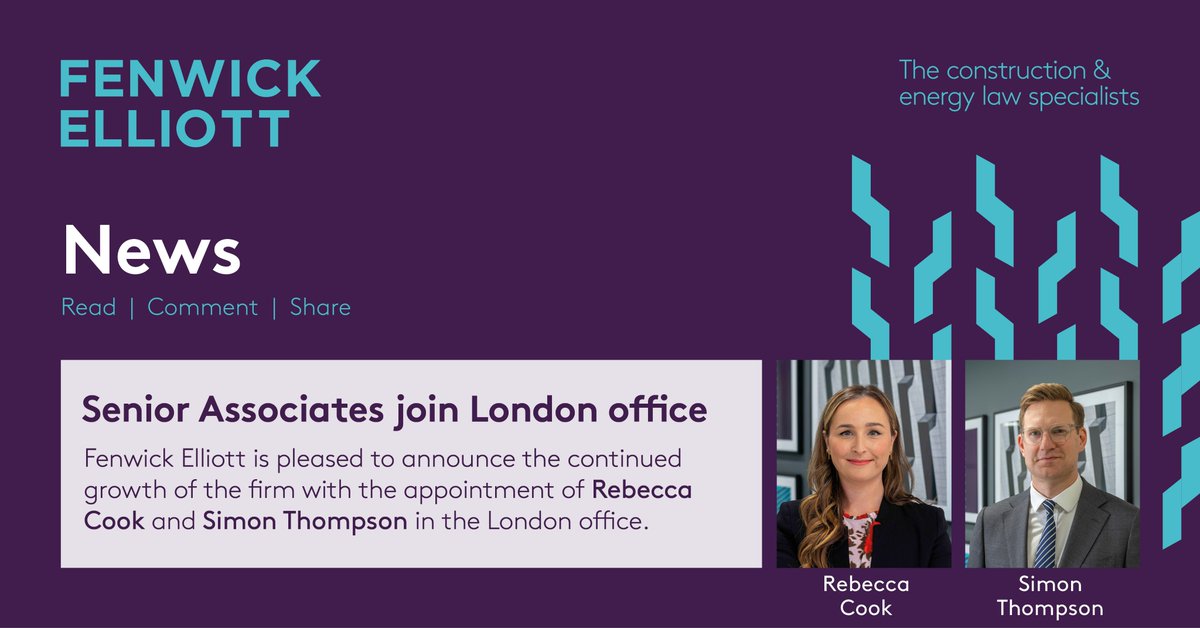 We are pleased to announce the appointment of two Senior Associates, Rebecca Cook and Simon Thompson, in our London office. They join our top-ranked construction team. Read more: fenwickelliott.com/news/senior-as… #constructionlaw #construction #disputeresolution #adjudication