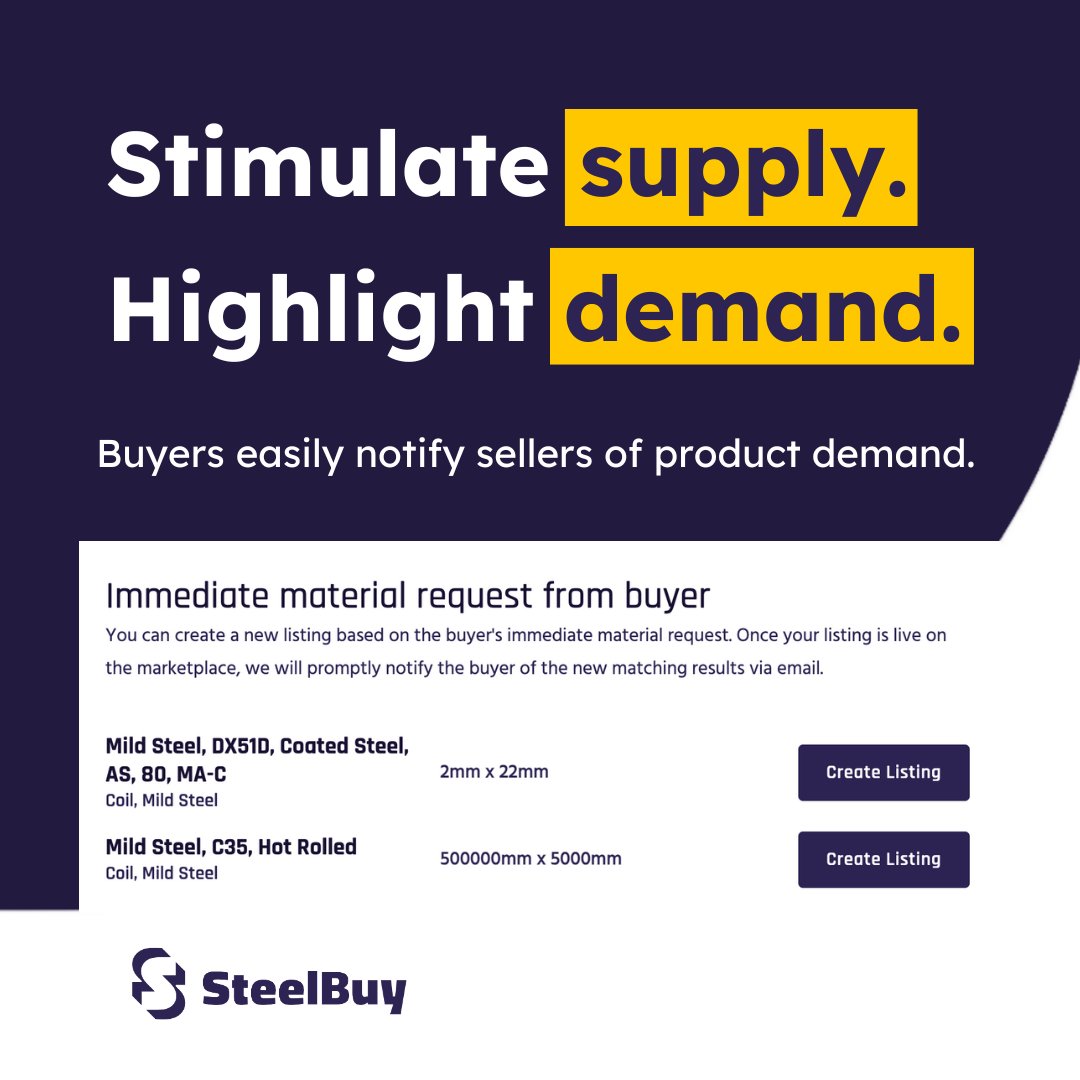 Using <a href="/SteelBuy/">SteelBuy</a> buyers easily notify sellers of their demand for products, to stimulate demand through Immediate Material Requests. Read more:
eu1.hubs.ly/H053b5z0

#Supply #Demand #DigitalPlatform #OnlineMarketplace #Notifications #Steel #Stainless #Aluminium #Metals