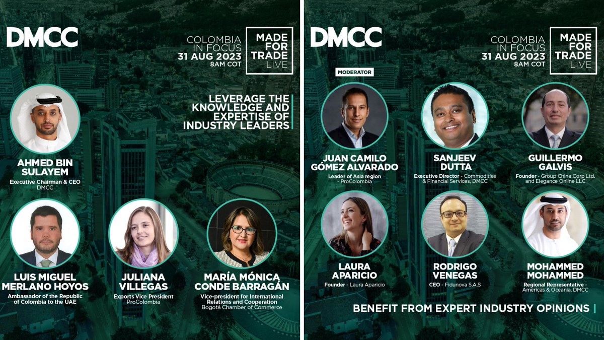 DMCCAuthority's tweet photo. Gain insights from industry leaders about business expansion in #Dubai. Join our webinar, #MadeForTrade Live - #Colombia, on 31 Aug to explore how DMCC's cutting-edge facilities and dynamic ecosystem can support the growth of Colombian businesses globally. https://t.co/ALHtF9YFQz https://t.co/pgqpFKT8Ds