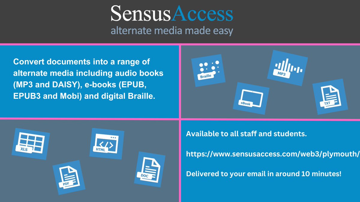 PlymUniLib's tweet photo. 🙌 Available FREE to all staff and students.
Convert inaccessible documents into more accessible files sent directly to your inbox with Sensus Access.
#PlymUni #PlymUniLib #UniversityofPlymouth #Accessibility #sensusaccess #AssistiveTechnology #LearningSupport #inclusivity https://t.co/BvJ7yzbWC4