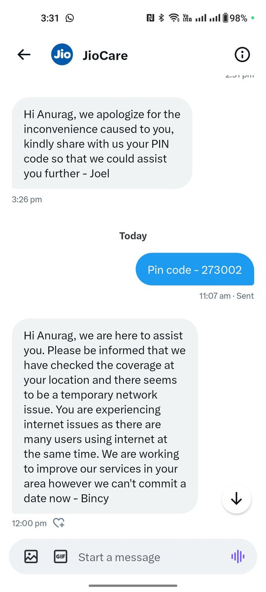 @JioCare Yesterday you asked for the address of the location, I sent it, asked for the pin code, which I sent today and within 1 hour, sitting in the office without checking, a message came that there is a temporary error. Whereas people here are troubled by network problems all the time.