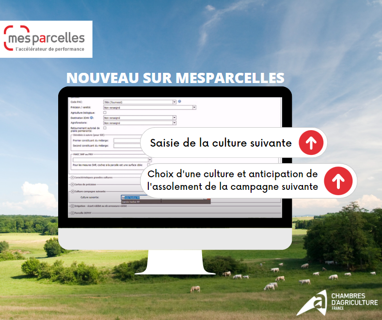 MesParcelles_'s tweet photo. [Actualités] Il y a du nouveau sur MesParcelles ! 🔔

☝️ Vous pouvez désormais choisir une culture et anticiper l'assolement de la campagne suivante grâce à la fonction "culture campagne suivante".

Besoin d'une demo ? Contactez un de nos conseillers sur : https://t.co/dp48dcTw4o https://t.co/fNDLA386rd