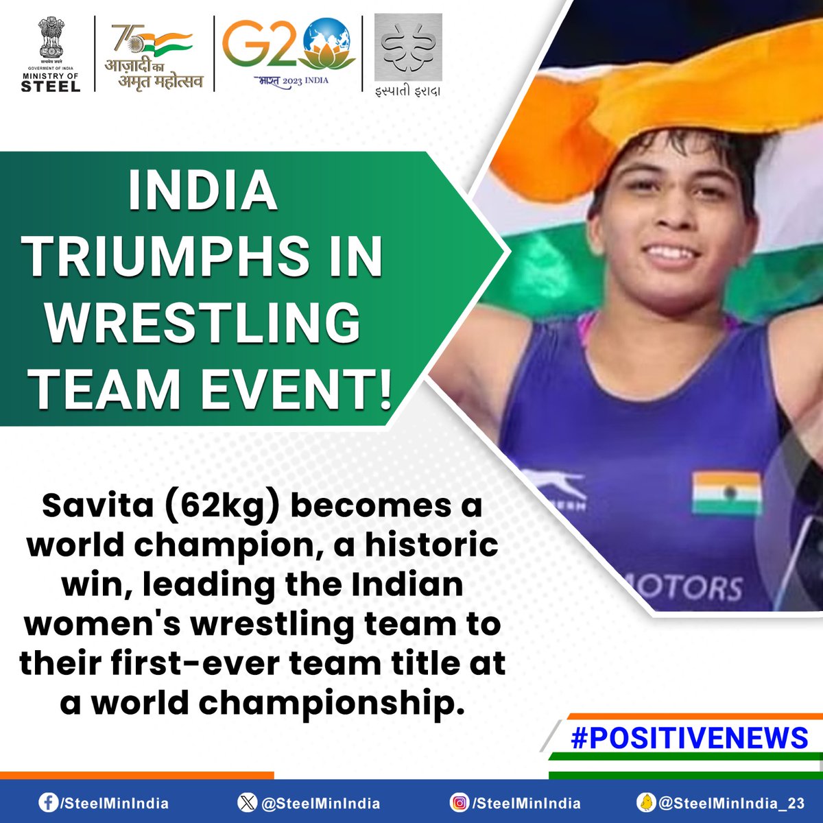 SteelMinIndia's tweet photo. Savita Claims #Gold; India Clinches Wrestling Team Championship! ๐ฎ๐ณDominating the 62kg final, #Savita wins against Venezuela's A. Paola Montero Chirinos. ๐ฅ๐คผโโ๏ธ
#PositiveNews #WrestlingWorldChampionship2023 #TeamTitle #ProudToBeIndian https://t.co/mx8hJsakxF