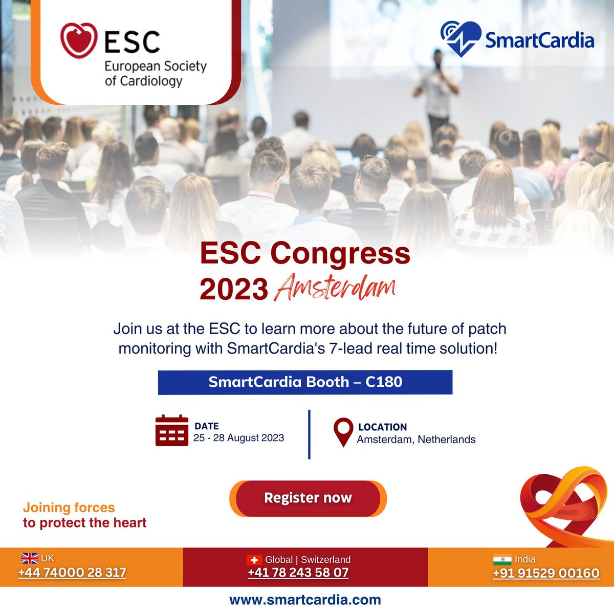 Join us at the ESC to learn more about the future of patch monitoring with SmartCardia's 7-lead real-time solution!
𝐕𝐢𝐬𝐢𝐭 𝐒𝐦𝐚𝐫𝐭𝐂𝐚𝐫𝐝𝐢𝐚 𝐁𝐨𝐨𝐭𝐡 - 𝐂𝟏𝟖𝟎
Joining forces to protect the heart
📆 𝐀𝐮𝐠𝐮𝐬𝐭 𝟐𝟓-𝟐𝟖, 𝟐𝟎𝟐𝟑

#smartcardia #smartECG