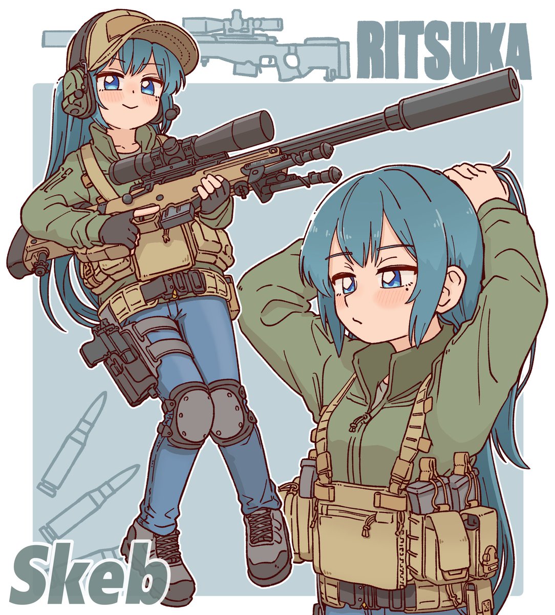 1girl weapon gun rifle ear protection blue eyes knee pads  illustration images