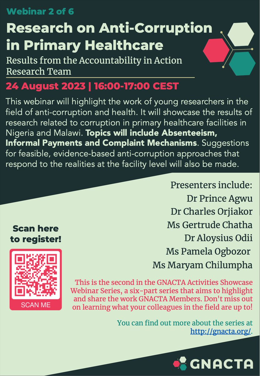 DON'T MISS IT! The 2nd webinar of the #GNACTA Activities Showcase Series (AUG 24; 16:00-17:00 CEST) focusing on young researchers's work on #Absenteeism, #InformalPayments and #ComplaintMechanisms in Nigeria and Malawi.   Register here: shorturl.at/dkwyB