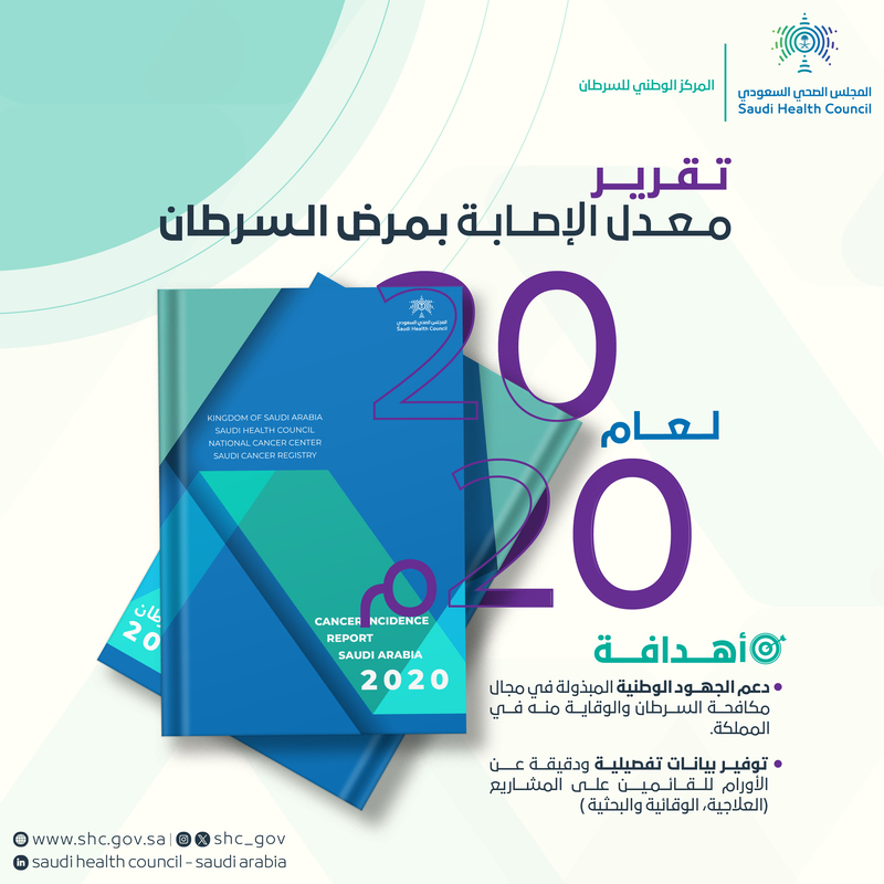 SHC_GOV's tweet photo. لدعم الجهود الوطنية المبذولة في مجال مكافحة السرطان في المملكة؛ أصدر #المجلس_الصحي_السعودي ممثلاً بالمركز الوطني للسرطان "تقرير معدل الإصابة بمرض السرطان لعام 2020".