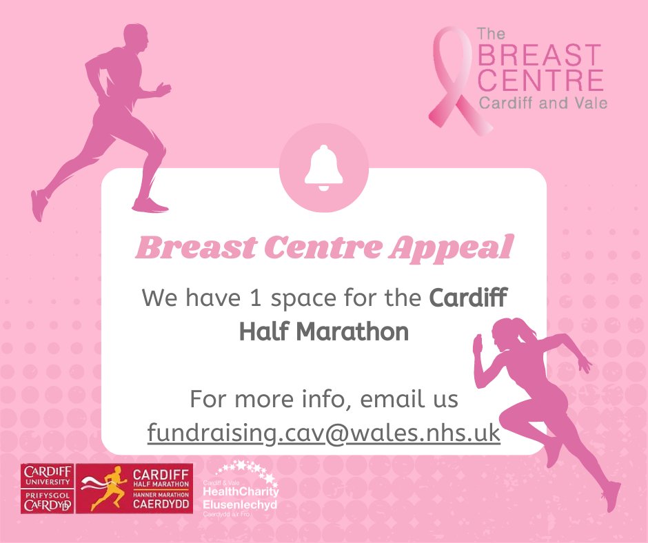 **PLS RT -  We have 1 charity space available for the <a href="/CardiffHalf/">Cardiff Half 🏴󠁧󠁢󠁷󠁬󠁳󠁿</a> -  1st October 2023.
If you're up to a challenge &amp; can commit to raising £300 to support our <a href="/theBreastCentre/">Breast Centre Appeal</a>  please get in touch!
Entries close at midnight on 10/9/23 - email: fundraising.cav@wales.nhs.uk