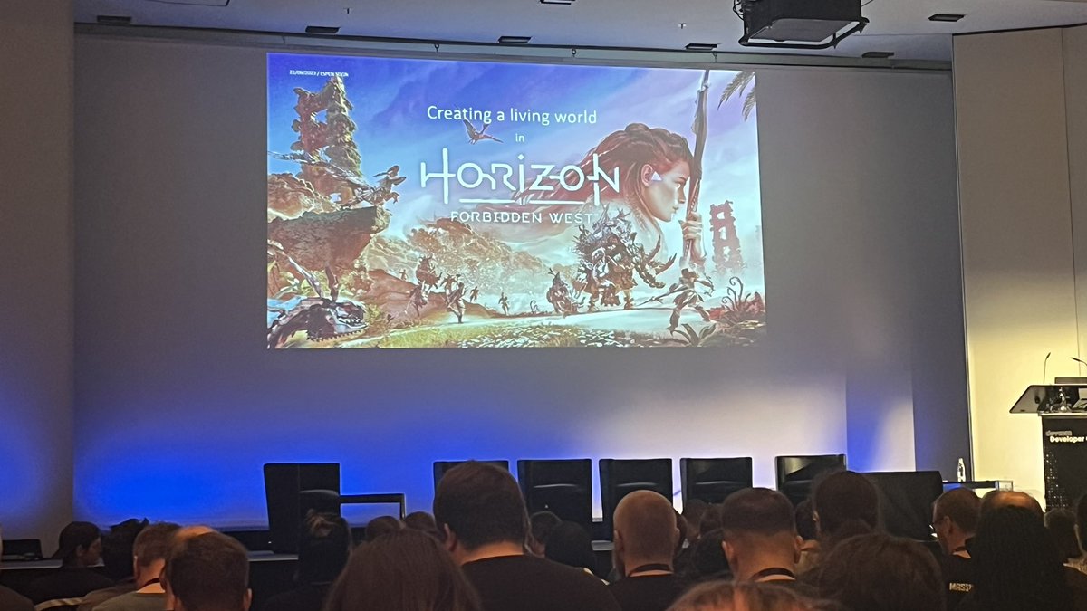 AndiDev_'s tweet photo. And now a nice talk about Horizon Zero Dawn. @timfollowsyou is also here somewhere I think. #devcom23 https://t.co/zcjZEB7o2U