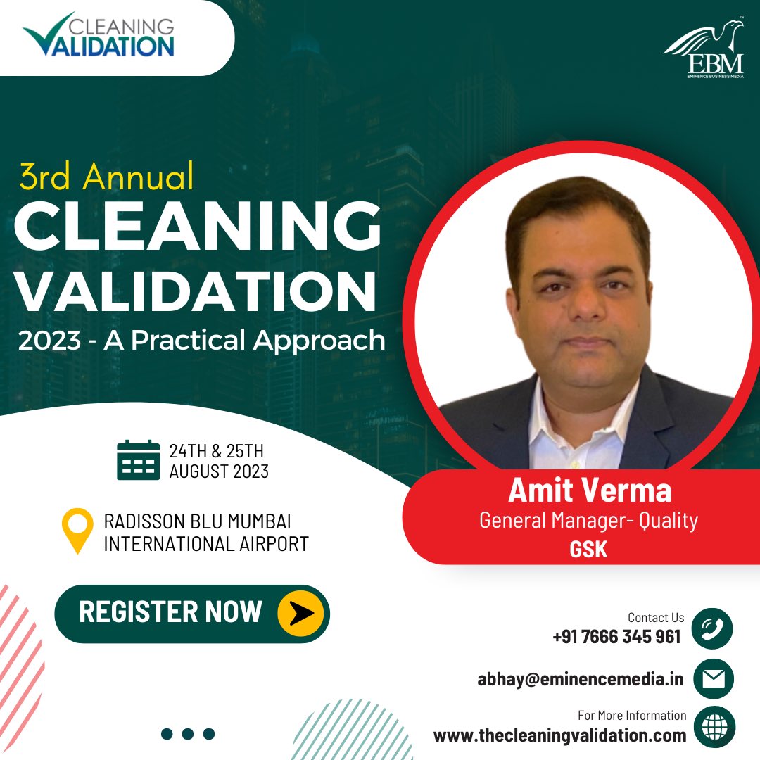 eminence_group9's tweet photo. Gain knowledge and insights from the industry's top experts and let’s welcome Amit Verma at the 3rd Annual Cleaning Validation 2023 - A Practical Approach 

Grab your seats today!

#eminencebusinessmedia #ebmcv #ebmcv3 #ebmcleaningvalidation https://t.co/KMSEmpfZWq