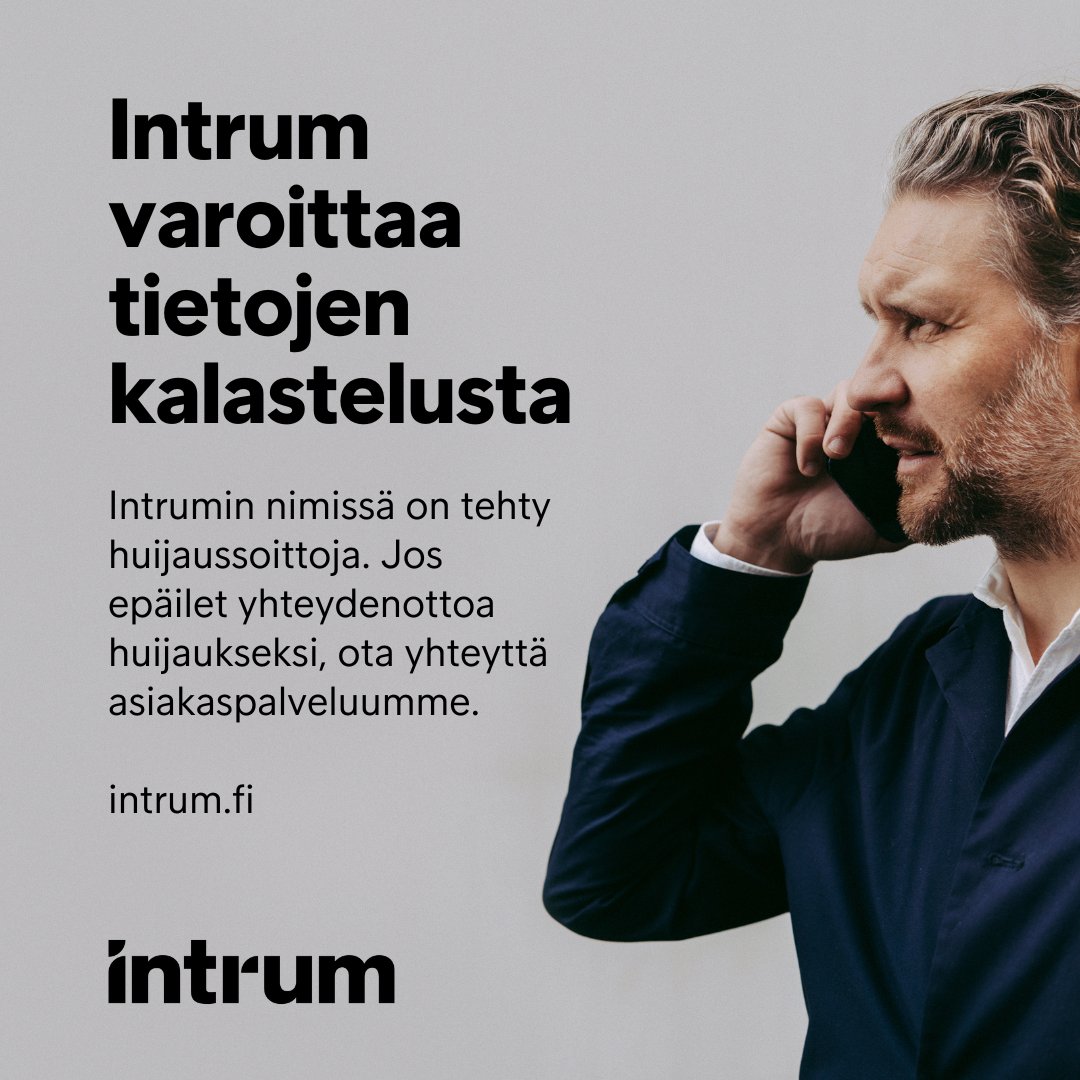 Intrumin nimissä tehdään huijaussoittoja. Jos epäilet yhteydenottoa huijaussoitoksi, kirjoita muistiin puhelun tiedot ja ota yhteyttä Intrumin asiakaspalveluun. Lue lisää ja ota yhteyttä: intrum.fi 
#tietosuoja #intrum #tietojenkalastelu #huijaussoitto