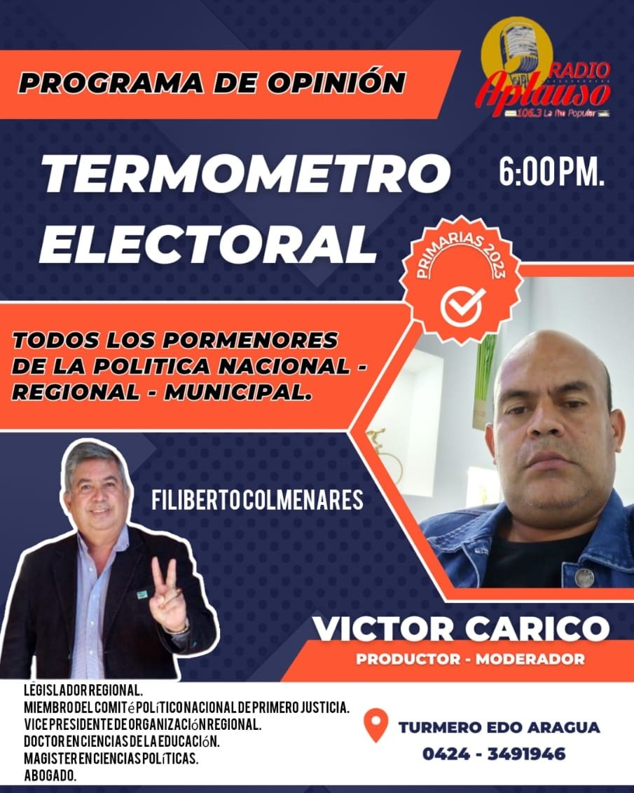 Te invito escuchar el programa, 'Termómetro Electoral' este martes 22 de Agosto 2023, a las 6:00 pm por Aplauso 106.3 FM, programa moderado por Victor Daniel Carico, dónde estaré como invitado, tocaremos diferentes temas de la vida política y el proceso de las Primarias.