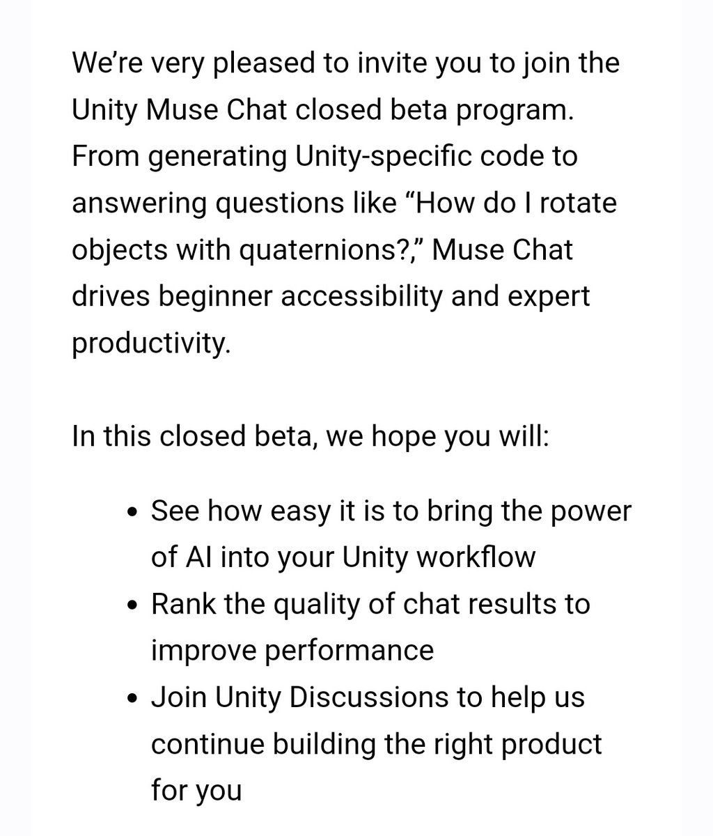 Eren81894314's tweet photo. Unity のMuse Chatに招待されたぁ~🙌
ちなみに、Muse ChatっていうのはUnity版のChatGPTのことを指すみたいですよ❗
#Unity
#MuseChat https://t.co/uchTJHUpNK