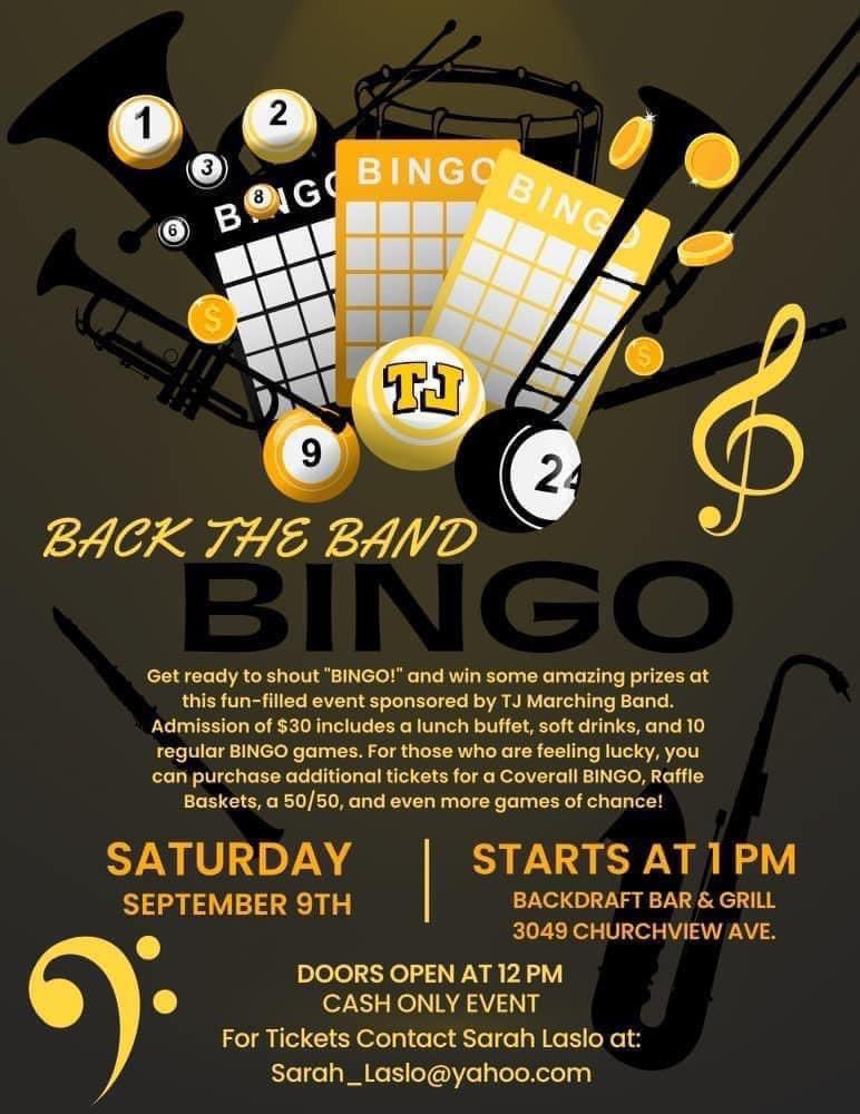 The band is raising money to buy a new atv that helps haul everything band related to&amp;from the fields,sometimes takes kids on crutches or got hurt up &amp;back. It is used a lot! $30 gets you 10 bingo games, lunch &amp;you are helping <a href="/TJJagBand/">TJ Band</a> DM 4 tickets! <a href="/wjhsd/">West Jefferson Hills SD</a>