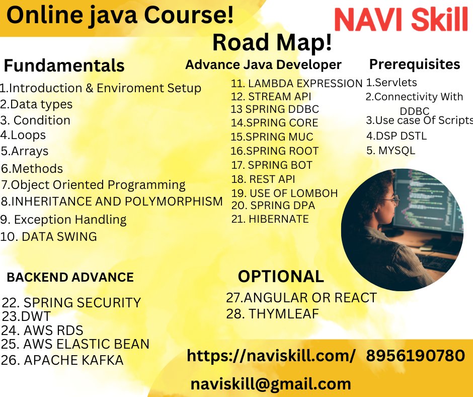 navi_skill's tweet image. Unlock the Power of Java 🚀 Join our comprehensive Java course and embark on a journey to master one of the most versatile programming languages out there! 🖥️🔍 #javamastery #CodingJourney #LearnToCode